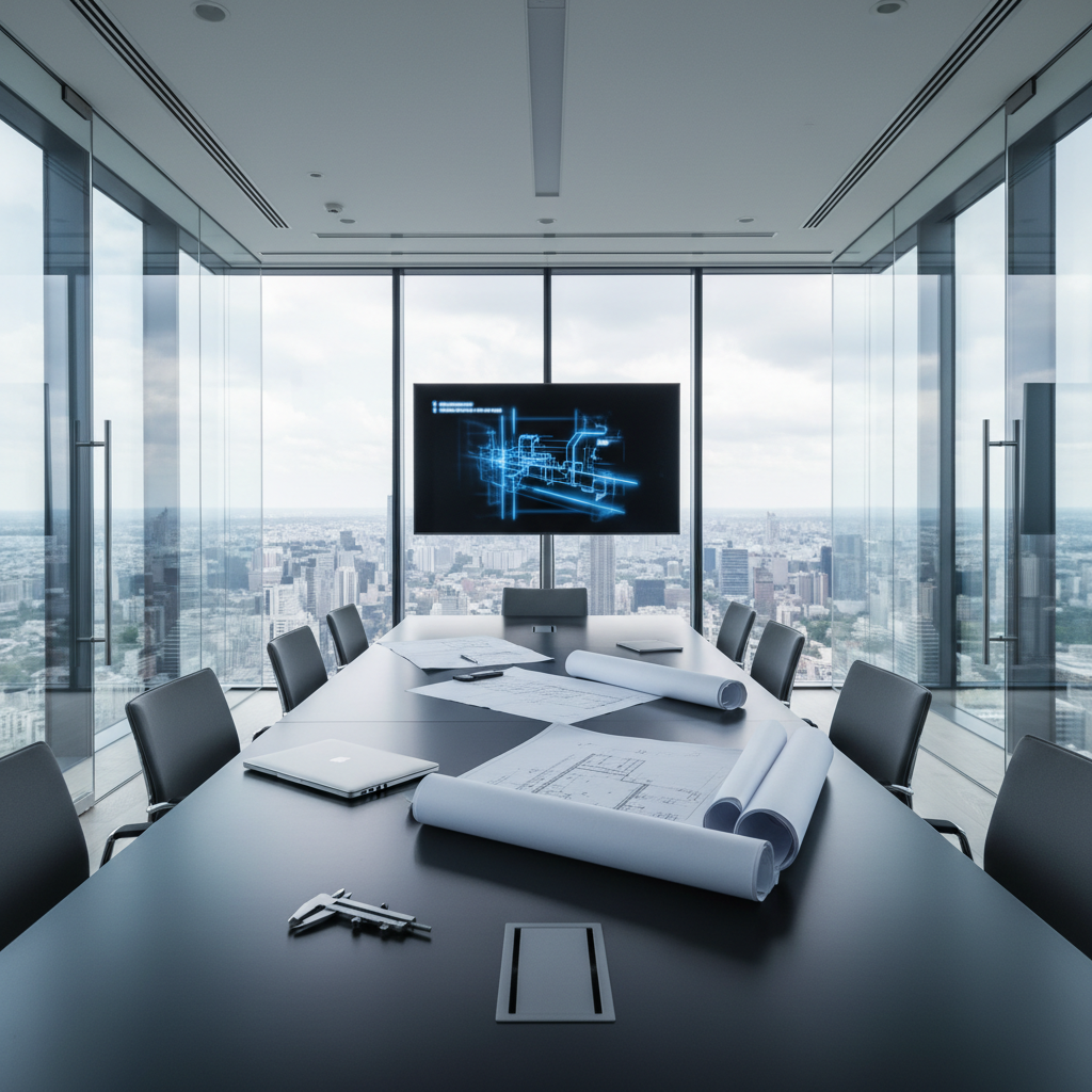 A sleek, glass-walled engineering training boardroom with a long matte-black conference table as the central subject, covered in neatly arranged technical blueprints, a closed silver laptop, and precision metal calipers. Floor-to-ceiling windows reveal a blurred modern cityscape. Cool, diffused daylight pours in, creating crisp reflections on the glass walls and subtle highlights on the brushed metal fixtures. The mood is professional, focused, and high-level. Photographed at eye level with a slight wide-angle lens, the composition uses leading lines from the table edges toward a large wall-mounted digital display showing a softly blurred engineering schematic. Photographic realism with a clean, modern corporate aesthetic supports the theme of global consultancy and structured engineering training.