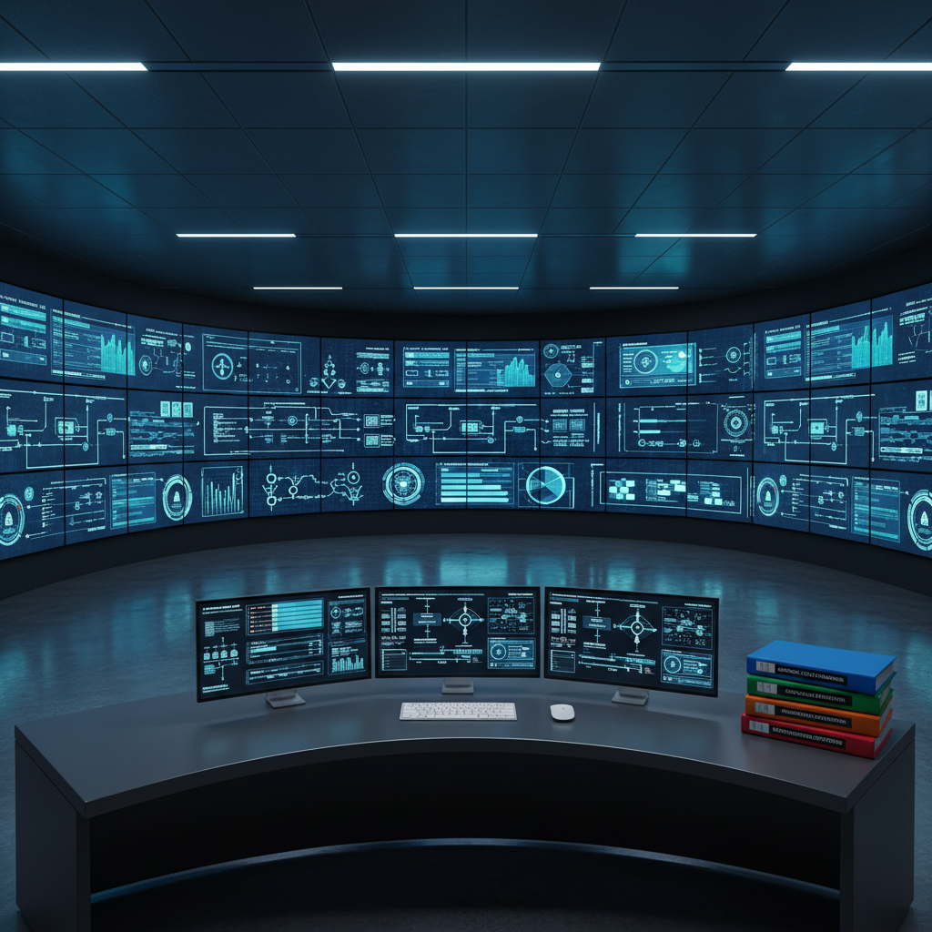 A high-tech virtual training control room centered on a curved wall of large screens displaying various engineering dashboards, process diagrams, and real-time data visualizations. In the foreground, a polished console desk supports multiple slim monitors, a wireless keyboard, and a neatly arranged set of engineering training binders with colored spine labels. The room is lit by cool, indirect ceiling panels and the glow of the screens, casting soft reflections on the dark, semi-gloss floor. The atmosphere is strategic and analytical, suggesting global oversight and complex system optimization. Captured from a wide, slightly elevated perspective with sharp focus throughout, the composition balances symmetry and depth. The photographic style is clean and futuristic, suited to a consultancy specializing in advanced engineering training and systems integration.